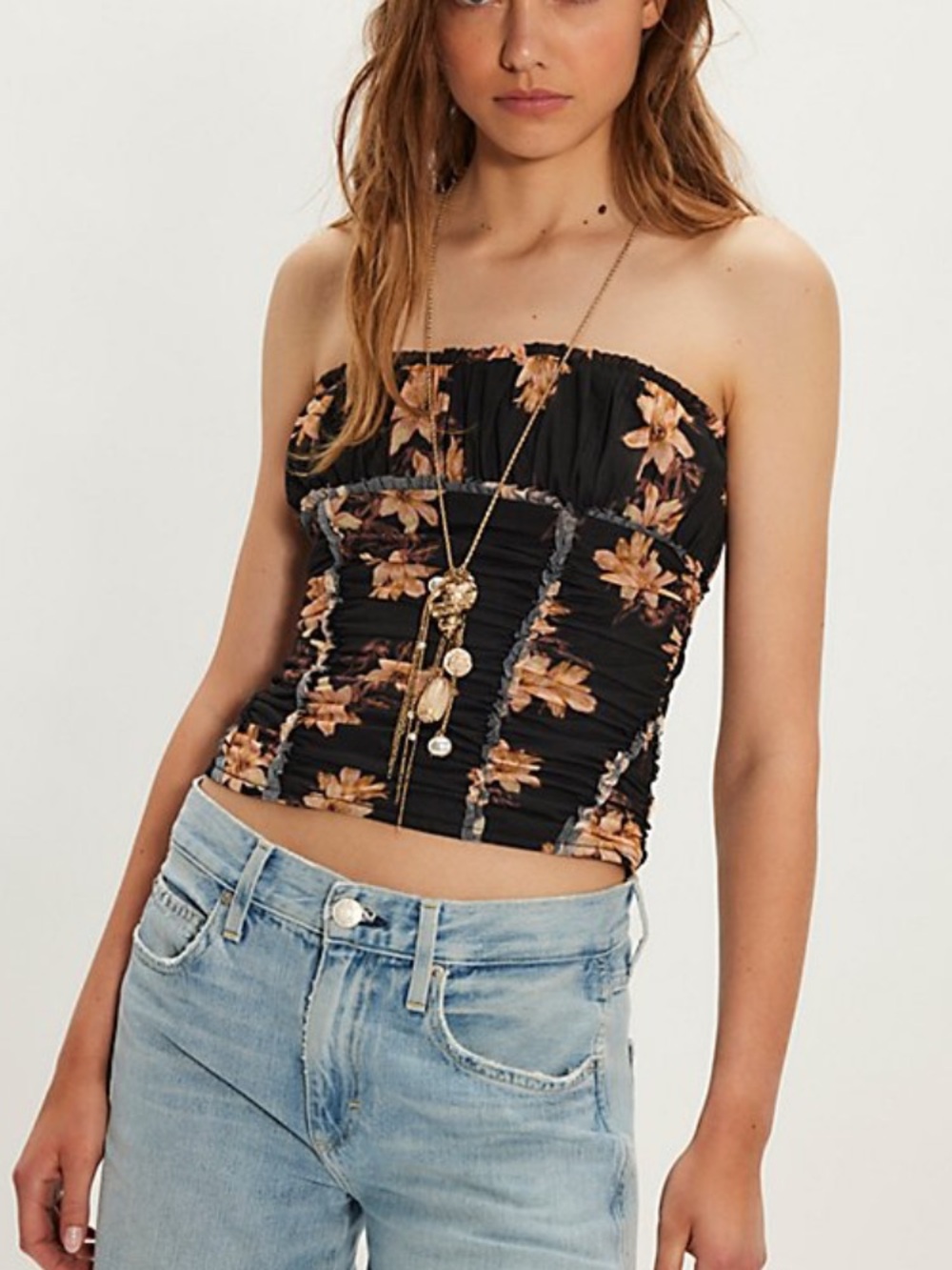 Free people NWOT Scottie printed tube top floral ruched smocked boho sz xs